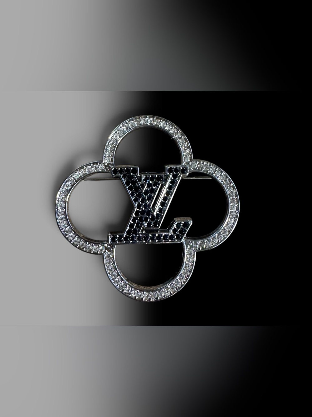 Black Crystal Monogram Brooch Pin with Silver Accents
